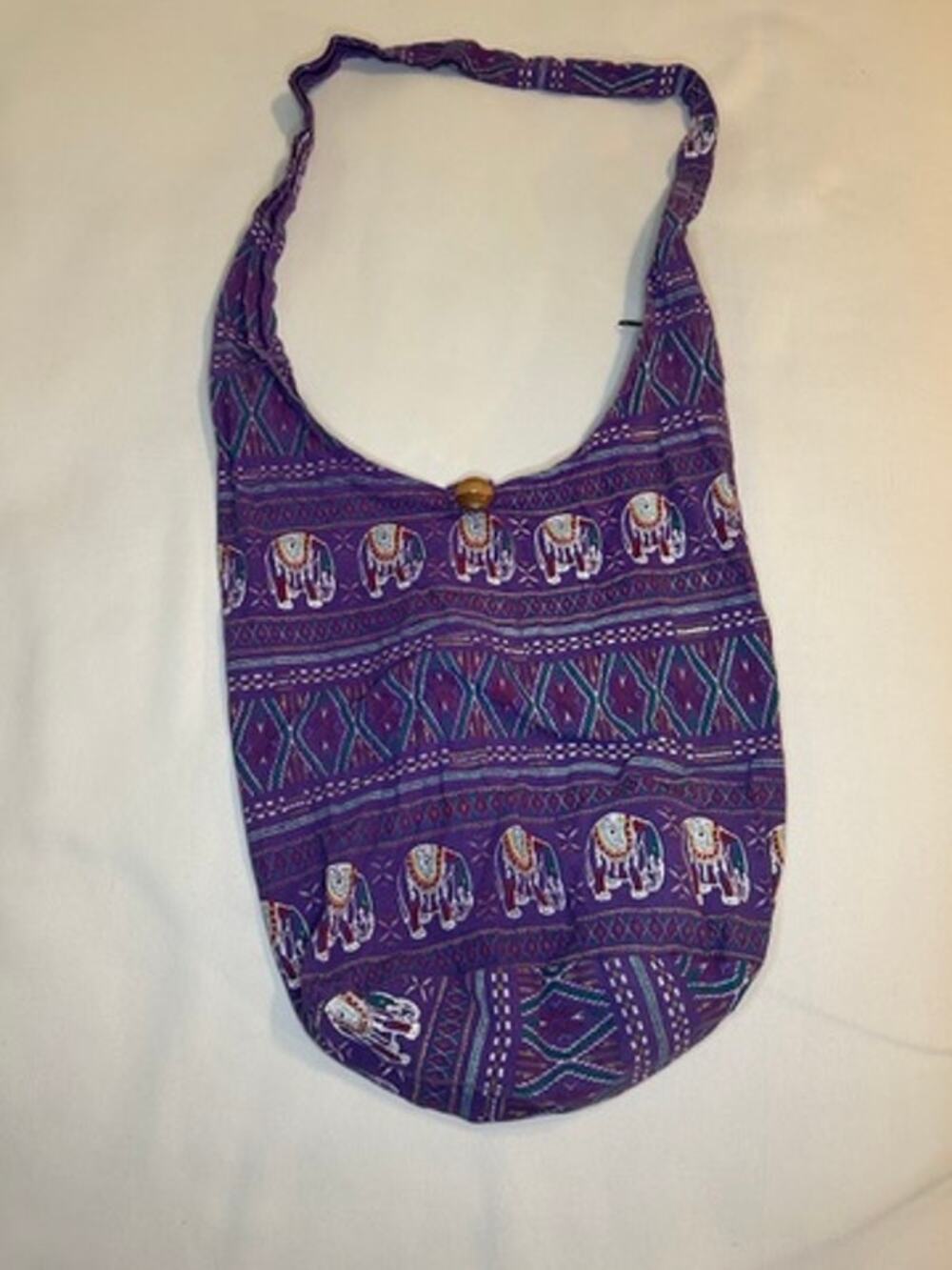 Purple Elephant Print Boho Sling Bag Hippie Hobo Shoulder Purse Zip Pockets